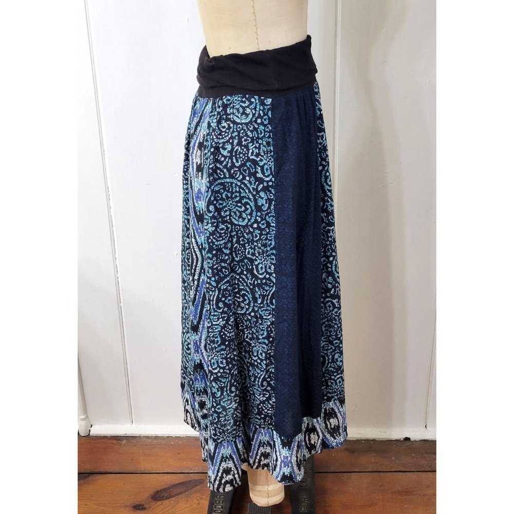 Fire Los Angeles Boho Blue Cotton Printed Patchwork Maxi Skirt - Picture 4 of 6